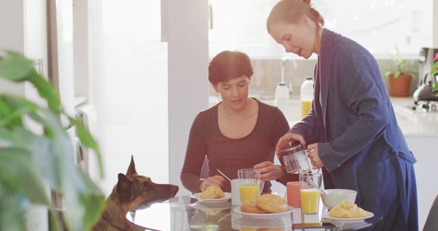 Same-sex couple having breakfast at home with dog - Download Free Stock Photos Pikwizard.com