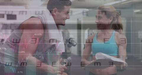 Financial data overlay on gym training with personal trainer