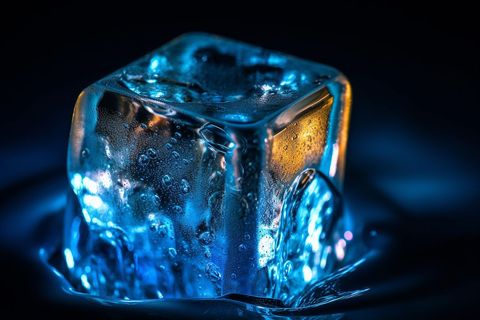 Close-up Blue Ice Cube With Colorful Reflections