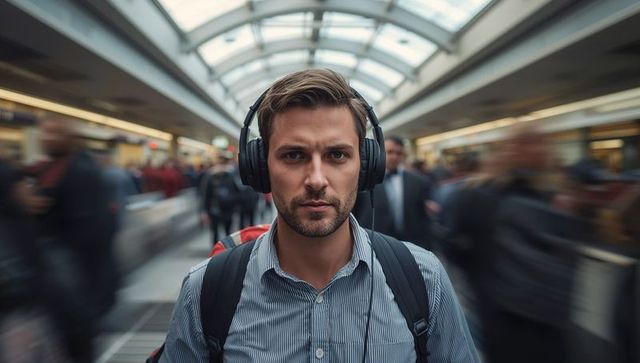 Focused commuter walking through busy airport concourse wearing headphones and backpack