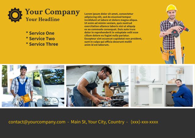 Ideal for promoting construction and handyman services. The template features images of workers in various roles, presenting professional and reliable service offerings. Perfect for use by construction companies, handyman services, and vocational training ads to showcase skilled labor and service capabilities.