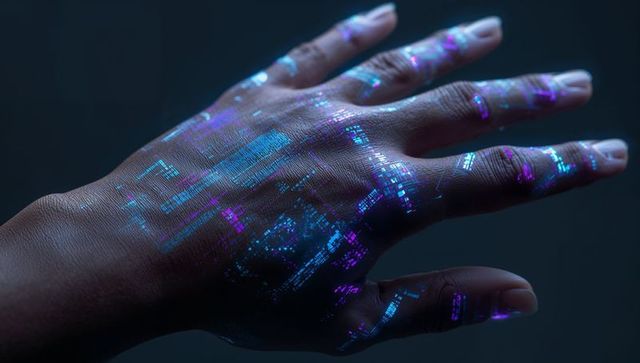 Futuristic Hand with Holographic Digital Circuits in Dim Light