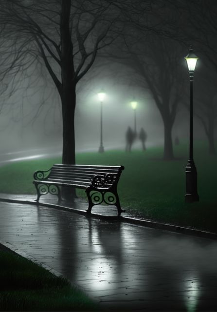 Bench in park by street lamp on dark misty rainy night, created using generative ai technology - Download Free Stock Photos Pikwizard.com