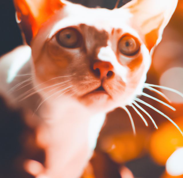 Close up of thin white cat with orange eyes looking past camera, with bokeh lights in background. Domestic pet cat portrait.