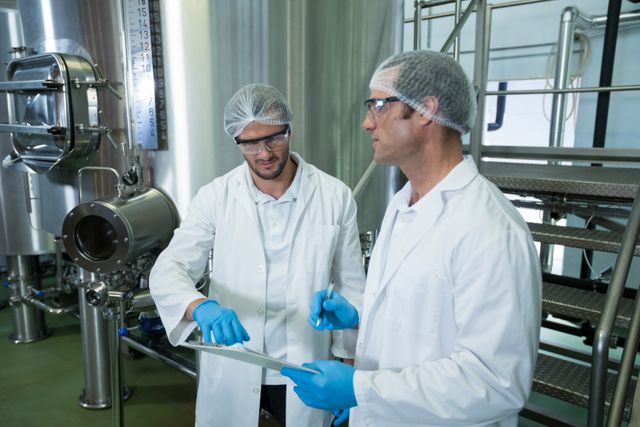 Scientists in lab coats, hairnets, and safety glasses are discussing work in an industrial laboratory. They are standing by a large storage tank, indicating a setting focused on research, manufacturing, or quality control. This image can be used for topics related to scientific research, industrial processes, teamwork in science, and safety in laboratories.