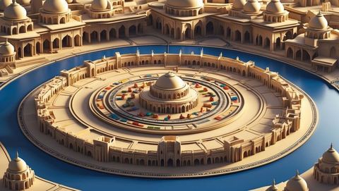 Futuristic circular palace with concentric bridges and azure moat