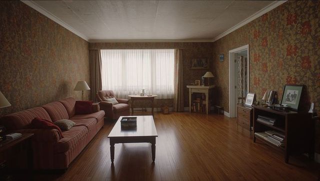 Vintage living room featuring striped sofa, wooden coffee table and floral wallpaper