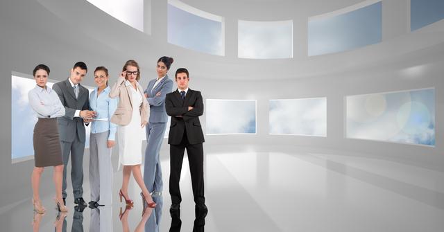 Group of business professionals standing together in a modern office space. Ideal for use in corporate presentations, business websites, team-building materials, and professional networking platforms.