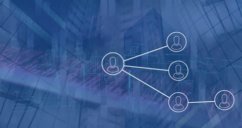 Conceptual Network of Icons with Digital Cityscape
