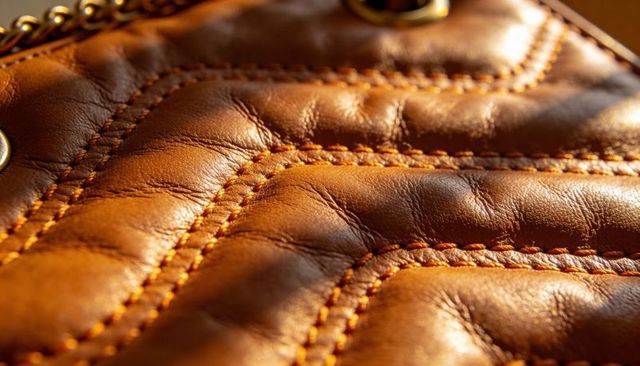 Quilted brown leather purse closeup showing stitched diagonal channels and metal chain