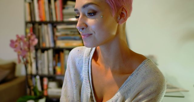 Smiling Woman with Pink Hair Working from Home - Download Free Stock Images Pikwizard.com