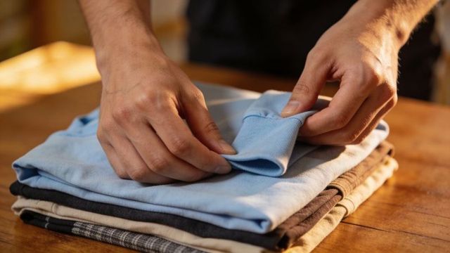 Hands folding light blue shirt on wooden table, folded laundry stack, warm morning light