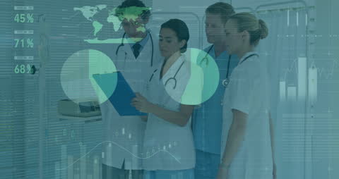 Diverse Medical Team Analyzing Digital Data in Hospital Setting