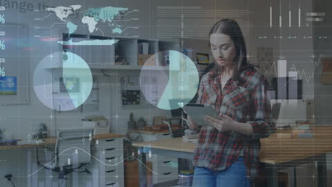 Woman Analyzing Data on Tablet in Modern Office