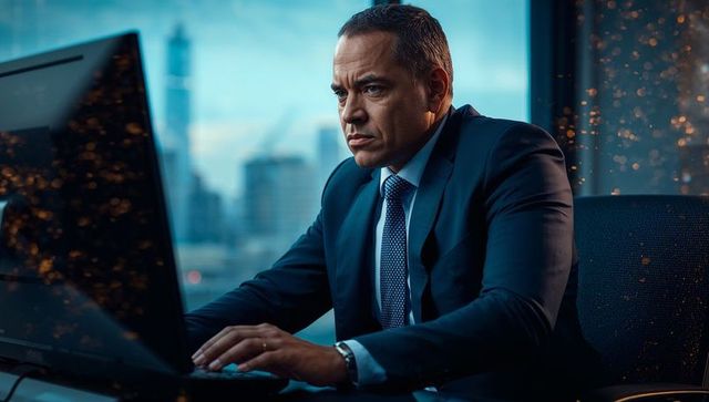 Focused business executive in modern office workspace with laptop