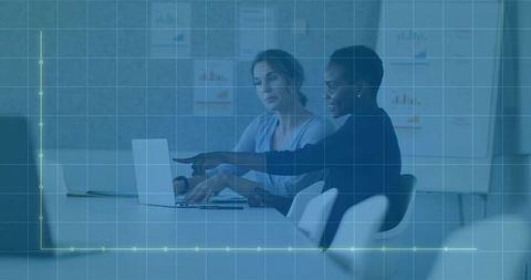 Business Women Collaborating at Laptop Pointing and Typing with Data Overlay