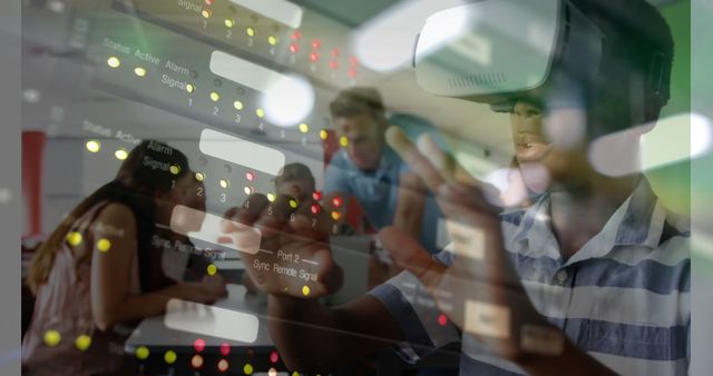 Child Using VR Headset in Modern Classroom with Technology Layers - Download Free Stock Images Pikwizard.com