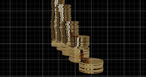 Reflective Gold Coin Stacks Rising Diagonally Across Futuristic 3D Grid Background
