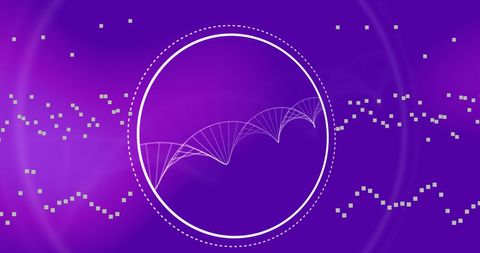 3D Spinning DNA Strand with Particle Wave on Purple Background