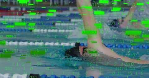 Competitive swimmer cutting through pool lanes with green binary data overlay concept