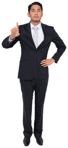Focused asian businessman on transparent background pointing
