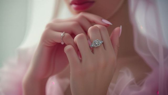 Elegant diamond engagement ring on woman's hand with pink veil
