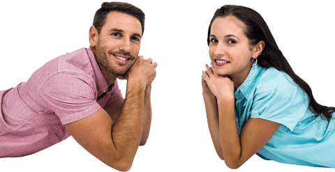 Transparent Smiling Couple Laying Face to Face on Floor