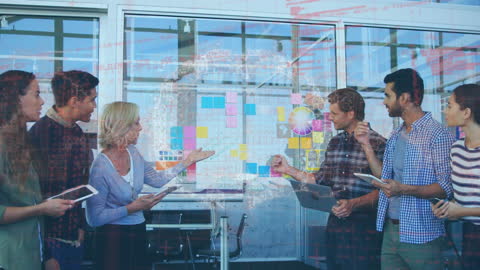 Diverse Team Discussing Ideas with Digital Data Overlay and Brain Animation