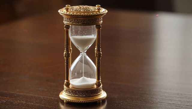 Ornate gold hourglass on polished wood table with flowing white sand