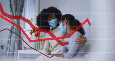 Concerned Mother Consoling Daughter with Medical Masks and Graph Analysis