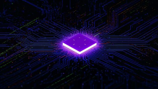 Futuristic Glowing Microchip on Circuit Board within Digital Environment