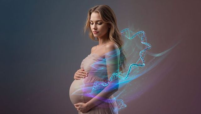 Pregnant woman with glowing dna helix representing genetics and maternity