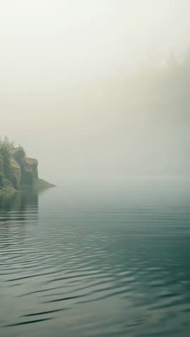 Drifting Mist Over Calm Lake with Rocky Shore and Gentle Rippling Water Vertical Video