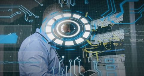 Digital interface overlaid on technician using tablet for network maintenance