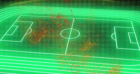 Futuristic digital soccer field with neon lights and particle effects