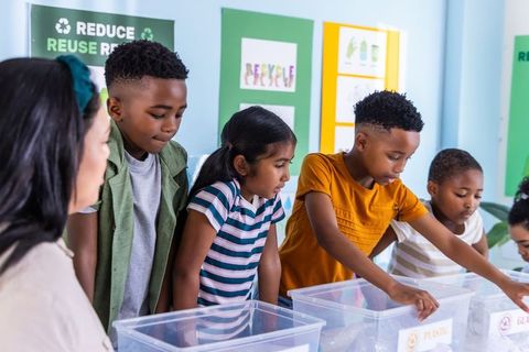 Elementary students sorting recyclables during hands-on classroom environmental lesson