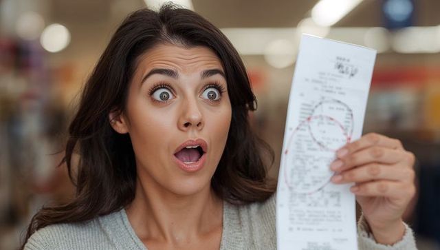 Shocked shopper reacting while holding long receipt with circled totals in supermarket