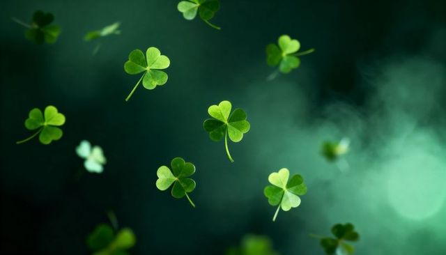 Floating emerald clover leaves with soft bokeh mist for st patrick day and lucky nature design