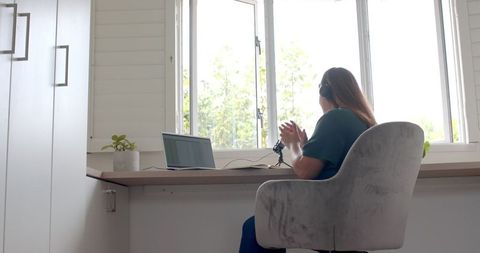 Plus Size Woman Podcasting at Home Office - Download Free Stock Images Pikwizard.com