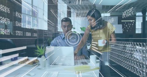 Diverse Professionals Collaborating with Virtual Data Display in Modern Office