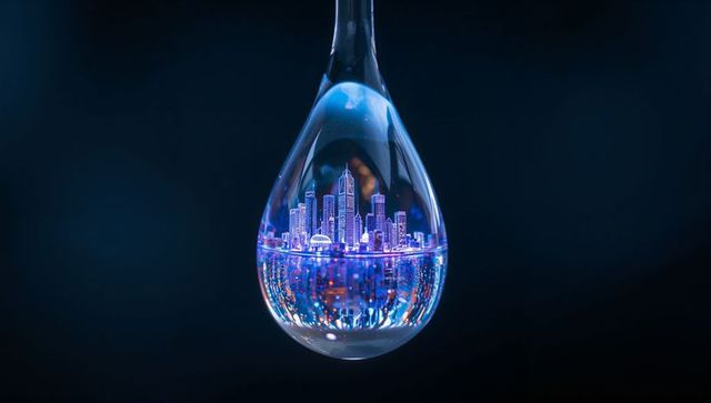 Hanging teardrop glass droplet refracting inverted neon city skyline with bokeh glow