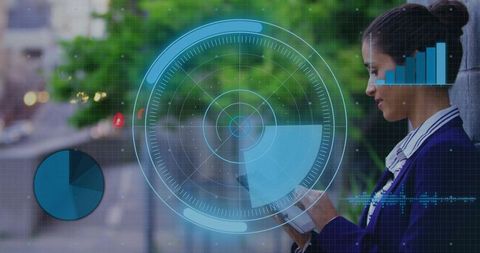Businesswoman tapping tablet using augmented reality hud and analytics on urban sidewalk