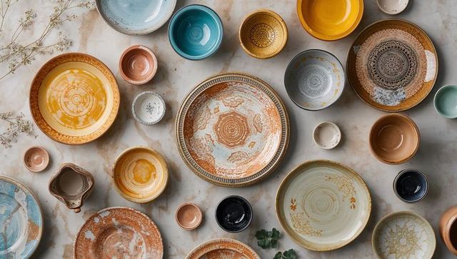 Displaying rustic glazed ceramic plates and bowls on marble tabletop, flatlay composition