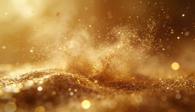 Glittering Gold Dust Forming Rippled Dunes with Soft Bokeh Shimmer for Luxury Backgrounds