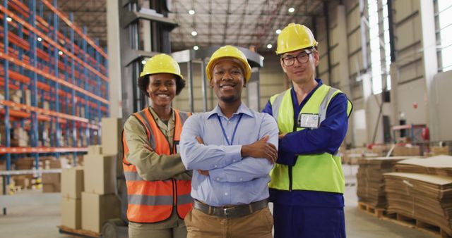 Portrait of diverse workers wearing safety suits and smiling in warehouse. global business, shipping and delivery.