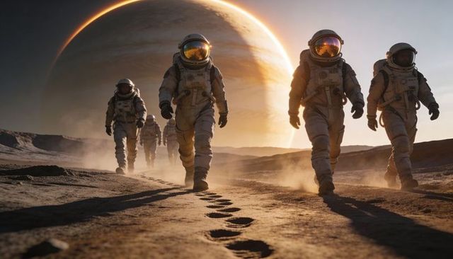 Astronauts marching across alien desert beneath glowing gas giant at sunset