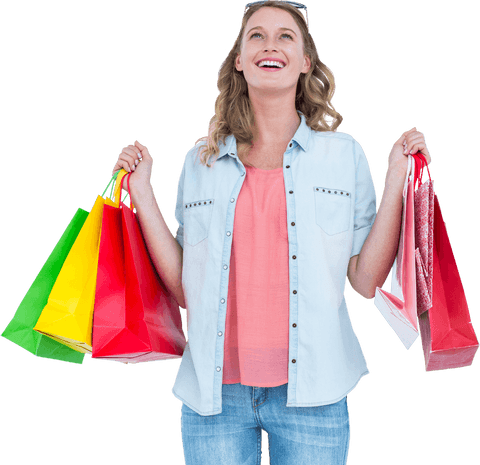 Transparent joyful woman shopping with colorful bags