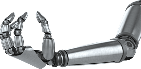 Transparent metal robot arm with articulated fingers extended