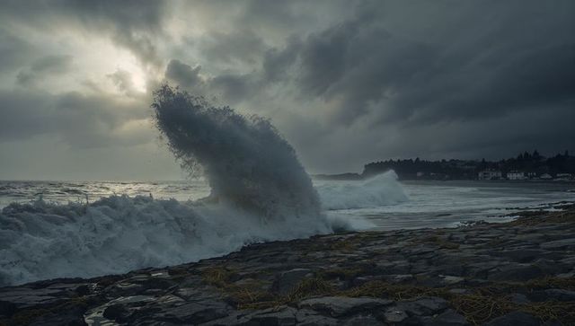 Dramatic ocean wave crashing on rocky shore at stormy coastline