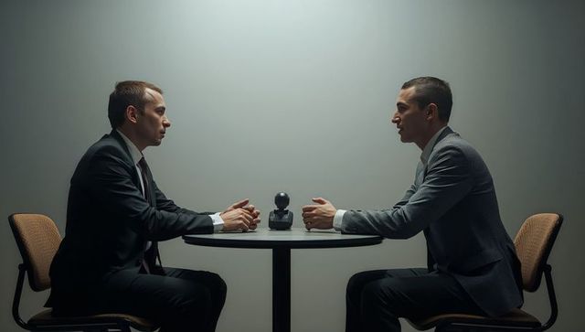 Two businessmen conducting formal interview at round table with microphone in neutral room